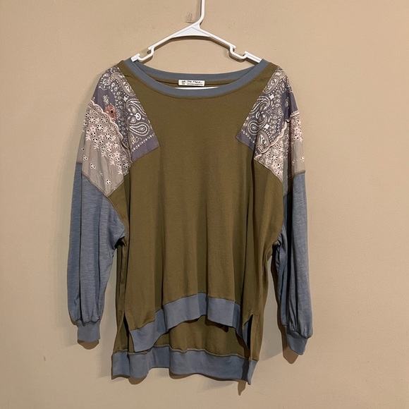 FREE PEOPLE We The Free Feelin It Tee Army Combo Patchwork Boho Oversized Small - Picture 3 of 12